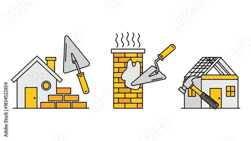 A collection of thin line icons depicting home construction, including bricklaying, chimney masonry, and roof installation