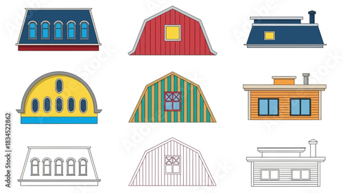 A diverse collection of stylized barn and house roof designs, set 403, showcasing various architectural styles for 2026 projects