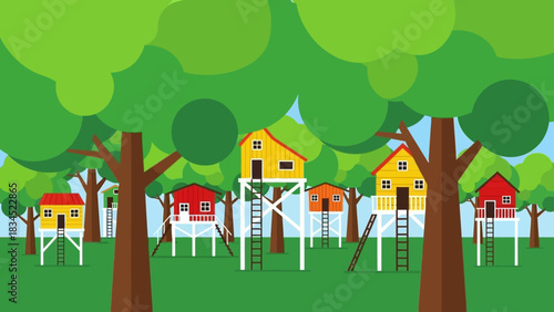A future eco-community of colorful stilt houses built in the trees. A sustainable treehouse village concept for off-grid living