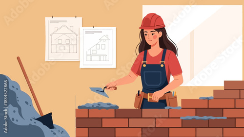 Young woman in uniform as a bricklayer works on a construction site, building a new house from a project plan