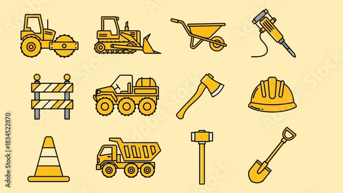 A versatile collection of yellow line icons representing construction machinery, building tools, and safety gear for future projects in 2026