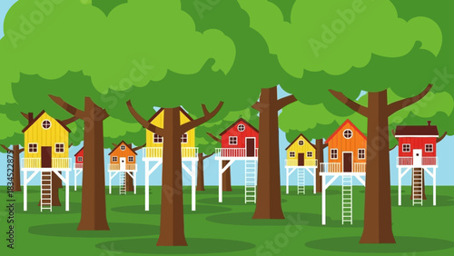 A whimsical village of colorful stilt treehouses nestled in a lush green forest canopy, representing a playful community lifestyle