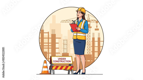 Professional female engineer in a safety helmet and vest holding a clipboard, overseeing a building project at an urban construction site
