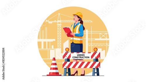 Female engineer in a hard hat and safety vest inspects a building project at a construction site with a barrier