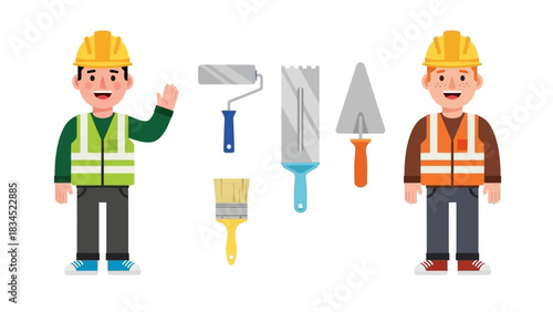 Builder and handyman character set with professional equipment for painting and plastering work. Isolated vector graphic