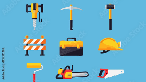 A vector illustration set of construction equipment and building tools icons for industrial work, including a jackhammer, chainsaw, and hard hat