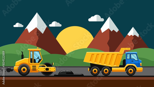 Industrial road construction scene with a steamroller and dump truck laying asphalt on a highway against a scenic mountain landscape backdrop
