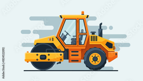 Yellow road roller vehicle for asphalt paving and construction, a detailed flat vector illustration of heavy compaction machinery for roadworks