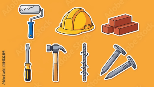Modern vector collection of colorful construction tool stickers for building and repair projects. Illustrated set includes a hard hat, hammer, and nails