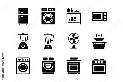 Collection of black and white icons representing kitchen and laundry appliances