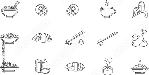 Hand drawn japanese food illustrations set black and white