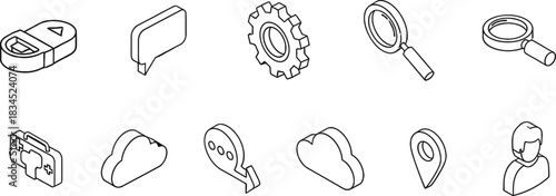 Isometric line art icons set of various objects