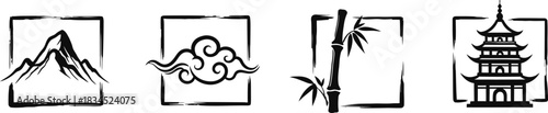 Asian themed icons with mountain cloud bamboo and pagoda