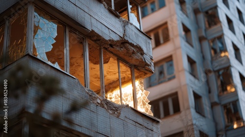 Urban residential building heavily damaged after a missile attack, with broken windows, cracked concrete, and a destroyed balcony in warm evening light.