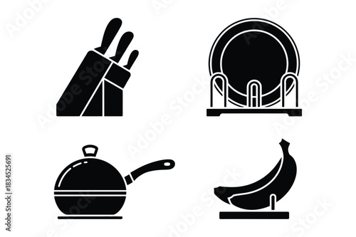 Kitchen icons knife block plate rack pot and bananas