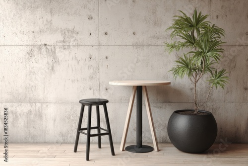 Contemporary Minimalist Interior with Bar Stool and Potted Plant