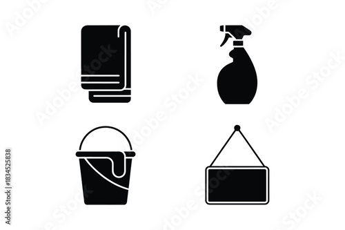 Four icons representing cleaning supplies and tools