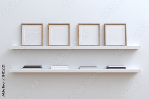 Minimalist Wall Shelf with Frames and Books