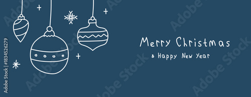 Christmas card with hanging balls. Merry Christmas and Happy New Year greetings. Vector