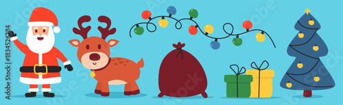 Christmas set. Santa Claus with reindeer, Christmas tree, etc. Vector