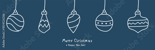 Christmas card with hanging balls. Ornaments with Merry Christmas and Happy New Year inscription.