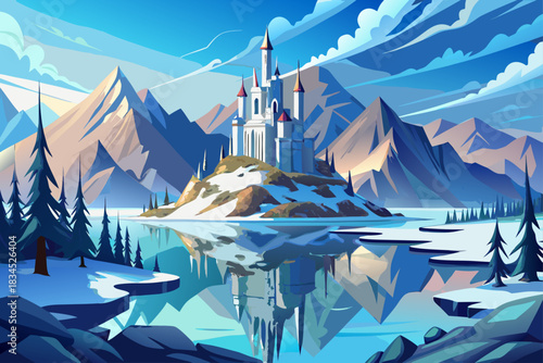 vector of Magnificent ice palace on top of a mountain reflected on a calm frozen lake in a winter landscape.