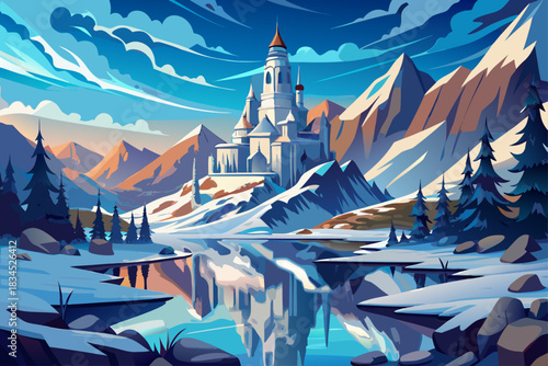vector of Magnificent ice palace on top of a mountain reflected on a calm frozen lake in a winter landscape.