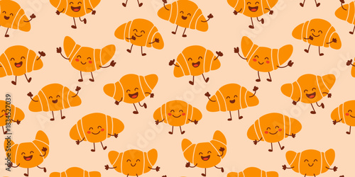 Seamless Croissant Pattern With Cute Happy Pastry Characters On Soft Peach Background In Playful Food And Bakery Style