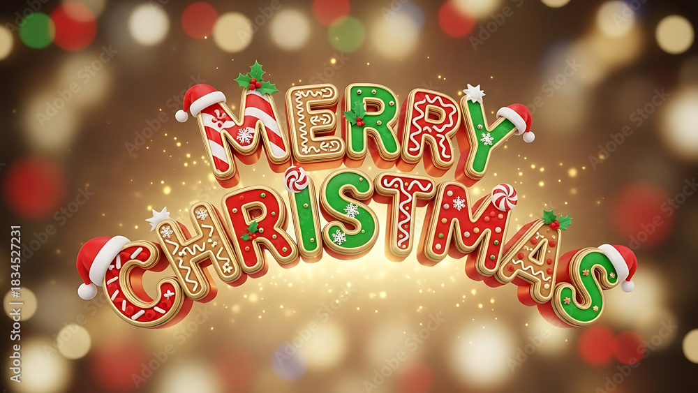 Naklejka premium Merry Christmas Festive Holiday Greeting Gingerbread Letters on a Bokeh Background