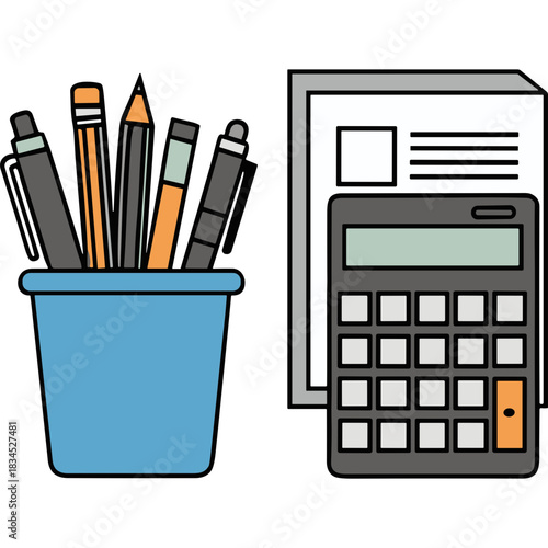 A blue pen holder filled with orange and gray pens and pencils next to a calculator and white paper on a black background