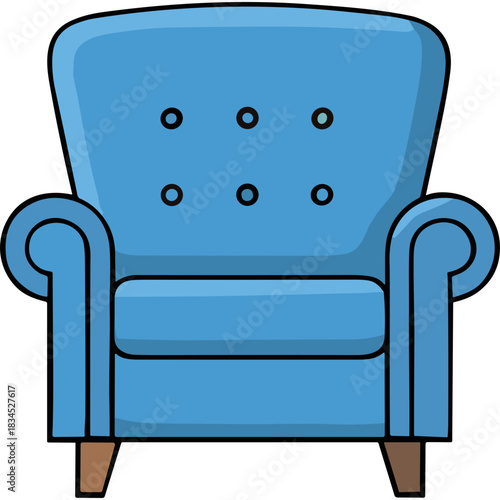 A Classic Blue Armchair With Button Tufting and Rolled Arms on Wooden Legs Isolated on a Black Background