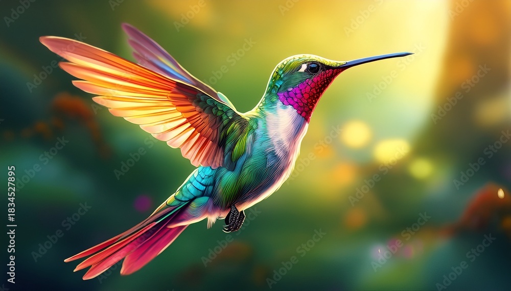 Fototapeta premium flying hummingbird with green forest in background small colorful bird in flight digital art