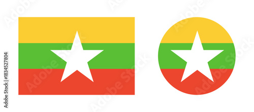 Flag of Myanmar flat icons. Round, rectangular national flag of Myanmar backgrounds. Set of circle, rectangle flag of Myanmar. Simple button, badge flag Myanmar.