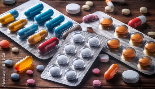 assorted pills and capsules in blister packs closeup on wooden surface great for health pharmaceutical or medical related concepts