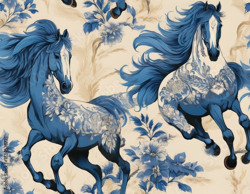 seamless tiled blue and white toile horse eques a vibrant blue and white floral pattern featuring galloping horses against a soft cream background