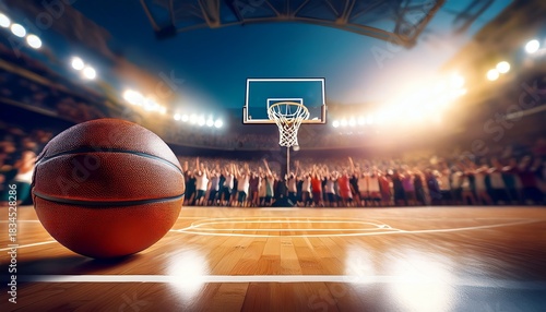 basketball court with a ball in the background of spectators cheering for the game low angle shot