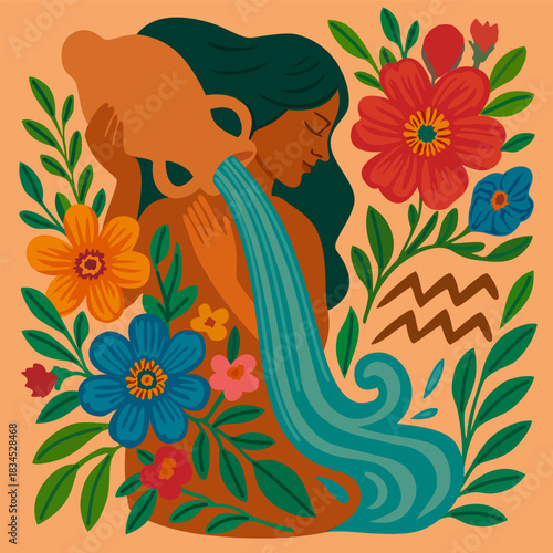 Aquarius zodiac sign in boho style. Nymph with jug from which water pours. Vector composition surrounded with flowers