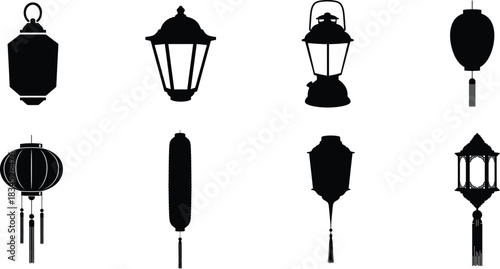 Collection of eight black and white lantern silhouette illustrations on white background