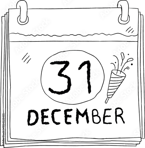 Calendar marking December 31st with party popper celebrating the end of the year and anticipation for a happy new year marked by a calendar in a celebratory illustration