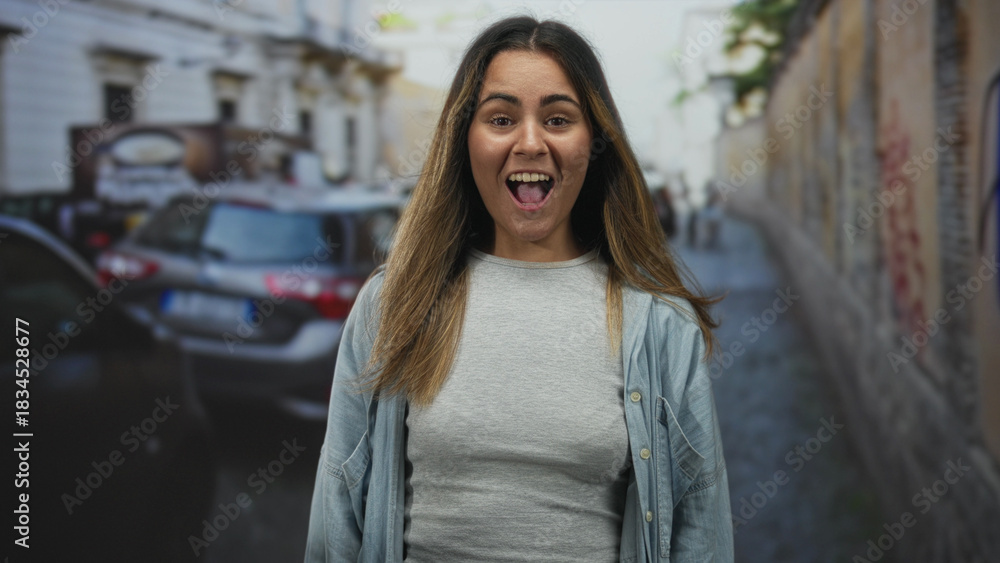 Fototapeta premium Young hispanic woman with hands on cheeks smiling on a city street between parked cars; surprise energy.