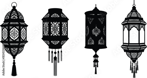 Elegant collection of traditional islamic lanterns in black and white silhouette style