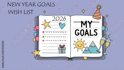 New Year 2026 Goals and Wish List Planning with Celebratory Elements Illustration and Colorful Decorations for Positive Motivation and Achievement in Planning and Reflection