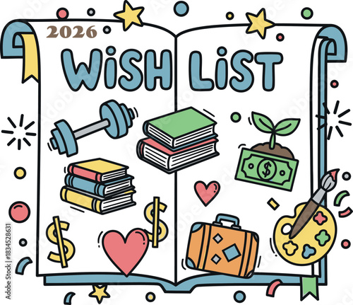 New Year 2026 Wish List Illustration with Goals and Aspirations for Success and Well Being in the Coming Year Including Fitness Travel Art and Education