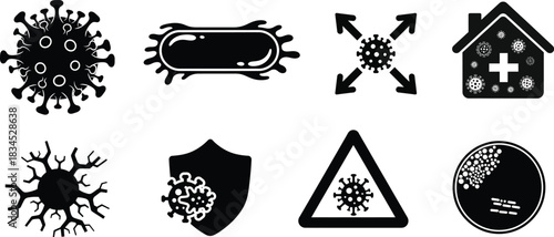 Black and white vector icons depicting coronavirus bacteria and protection concepts