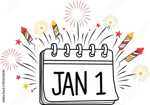 New Year Celebration with Calendar Showing January 1 and Colorful Fireworks in a Festive Hand Drawn Design for Holidays and Events