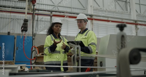 Industrial concept of 4k Resolution. Engineers are inspecting a cardboard cutting machine in the factory with strict attention to safety procedures.