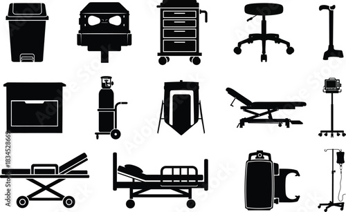 Medical equipment silhouettes hospital furniture stretchers oxygen tanks and examination tables set