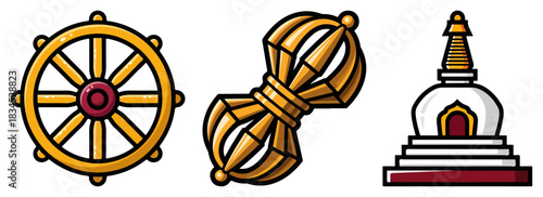 Buddhist Symbols Set Dharmachakra Vajra and Stupa Vector Icon Pack