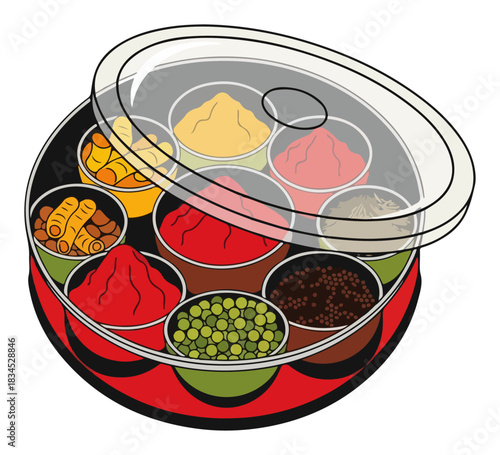 Indian Masala Dabba Spice Box with Compartments and Lid Vector