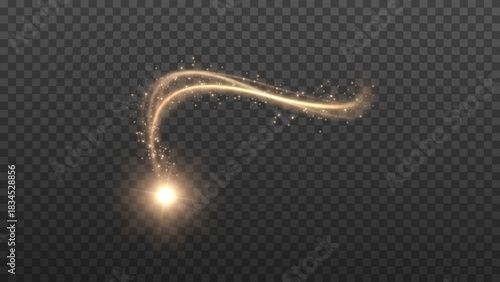 Festive golden wind, isolated on a transparent background. A golden comet with sparkling stars and dust.